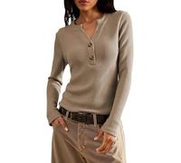 Jar of Love Women's Waffle Knit Tops Long Sleeve Shirts Henley Tops V-Neck Button Down Thermal Shirts Fall Outfits, Khaki, S