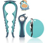 Jar Opener for Weak Hands, Seniors with Arthritis, 5 in 1 Multi Function Bottle Opener Lid Opener for Arthritic Hands with Non Slip Rubber Jar Opener Gripper Pad and Corkscrew Wine Opener(Blue)