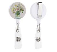 Jar with White Daisies Pastel Wildflowers Retractable Badge Holder Reel Clip ID Card Holder for Doctor Nurse Student Office Worker