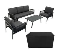 MonsterShop Garden Furniture Set 4Pc Anthracite Grey Aluminium With Rattan Storage Box Black Outdoor 3 Seat Sofa 2 Armchairs Coffee Table