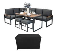 Monstershop Aluminium Corner Sofa Set With Black Rattan Storage Box - Wood Effect In Brown Brown