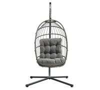 Hanging Egg Chair Grey Rattan Swing Garden Hammock Folding Seat Furniture With 15cm Thick Cushion Steel Stand 150kg Weight Capacity Outdoor Indoor Patio Balcony UV Resistant FREE Waterproof Zip Cover
