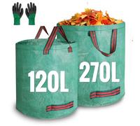 JARDILIFE Garden Waste Bags Heavy Duty 120 270 Litre 2 Pack, Reusable Garden Sacks with 1 Pair of Gardening Work Gloves, Garden Tools Bags for Garden Waste Plant Waste Grass Leaves (120L*270L)
