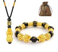 Jardme Feng Shui 12mm Natural Gemstone Good Luck Bracelet Necklace Set Christmas Birthday Gifts for Women Men Money Wealth Success Bracelet, Mediano, Metal, Natural Stone