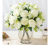 JARELING Artificial Peonies Silk Flowers in Glass Vase Faux Flowers Bouquets Modern Penoy Arrangement 4 Pack for Home Decoration Table Centerpiece (White)