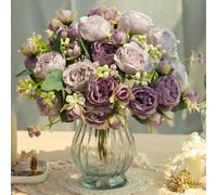 JARELING Artificial Peonies Silk Flowers in Glass Vase Faux Flowers Bouquets Modern Penoy Arrangement 4 Pack for Home Decoration Table Centerpiece (Purple)