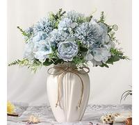 JARELING Peonies Artificial Flowers in Vase, Fake Hydrangea Silk Peony Flower Bouquet with Vase Faux Flowers Arrangement Decor Home Table Dining Room (Blue)