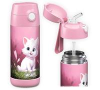 Jarlson® Charli Children's Stainless Steel Drinking Bottle with Straw - Thermos Flask 350 ml - TÜV Tested - BPA Free - Leak-Proof - Thermal Water Bottle for School, Nursery - Cat 2.0, 350 ml