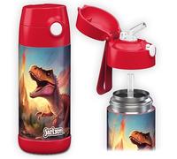 JARLSON® Charli Children's Stainless Steel Water Bottle with Straw - Thermos Flask 350 ml - TÜV Tested - BPA Free - Leak-Proof - Thermal Water Bottle for School, Nursery - Dinosaur 2.0, 350 ml