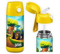 Jarlson® Charli Children's Stainless Steel Water Bottle with Straw - Thermos Flask 350 ml - TÜV Tested - BPA Free - Leak-Proof - Thermal Water Bottle for School, Nursery - Tractor, 350 ml