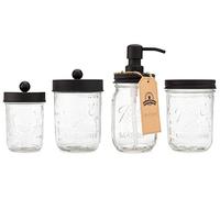 Jarmazing Products Ball Mason Jar Bathroom Gift Set (4 pcs) - Lotion/Soap Dispenser, Toothbrush Holder, Q-Tip Storage Jars - Farmhouse Home Decor for Vanity Organization - Luxury Accessories - Black