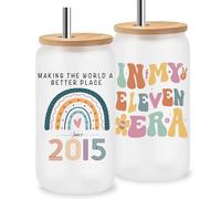 Jars Nova 11th Birthday Glass Tumbler 16oz｜“in My Eleven Era” Born in 2015 Keepsake Cup with Lid & Stainless Steel Straw｜Birthday Gifts for Girls Daughter Niece Granddaughter
