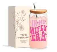 Jars Nova Bride to Be Gifts - “in My Wifey Era” 16oz Glass Coffee Cup with Pink Font, Bamboo Lid & Straw - Wedding & Bridal Shower Gift for Her