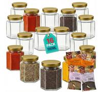 Jars with Lids Small Storage Glass Jars with Gold Lid with 4 SPICES | 190ml Hexagonal Glass Jars with Sticker Labels Spice Storage Jam Jelly Chutney- 16 Set