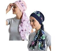 JarseHera Bamboo Cotton Liner Chemo Headwear for Womenwith Silky Scarfs for Cancer Hair Loss Sleep Caps Beanie, Navy Blue+Light Pink,2 Pair, One Size