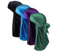 JarseHera Velvet Extra Long-Tail Durags for Men Waves, 4 Pair, One Size Fit Most, Multiple Colors (Black, RoyalBlue, Army Green, Purple)