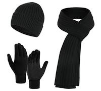 Jarseila Men Winter Warm Knit Beanie Hat Touchscreen Gloves Long Scarf Set with Fleece Lined Skull Caps Neck Scarves for Women #A-Black