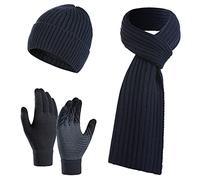 Jarseila Men Winter Warm Knit Beanie Hat Touchscreen Gloves Long Scarf Set with Fleece Lined Skull Caps Neck Scarves for Women #A-Blue