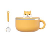 Jarsense 1200ml Ramen Bowl with Handle and Lid, Stainless Steel Noodle Bowl with Fork, Cartoon Cute Water Filterable Serving Bowl, Portable Bento Lunch Box for Home College, Yellow