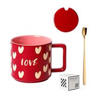 Jarsense Ceramic Mugs 400ml Mugs Mugs with Lid and Spoon Love Heart Pattern Mugs for Breakfast Oatmeal Milk Tea Coffee (Red)