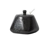 Jarsense Ceramic Sugar Bowl, 430ml Sugar Pot with Lid and Spoon, Spice Jar for Salt, Sugar, Coffee, Tea, Condiment Containers Seasoning Box for Home Kitchen Coffee Bar - Black A