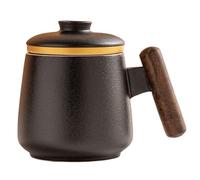 Jarsense Ceramic Tea Mug with Wooden Stem, 350ml Mug with Infuser and Lid, Water Mug for Office Home (Black)