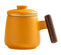 Jarsense Ceramic Tea Mug with Wooden Stem, 350ml Mug with Infuser and Lid, Water Mug for Office Home (Bright Yellow)