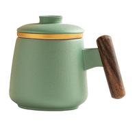 Jarsense Ceramic Tea Mug with Wooden Stem, 350ml Mug with Infuser and Lid, Water Mug for Office Home (Green)