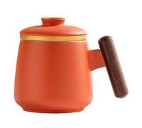 Jarsense Ceramic Tea Mug with Wooden Stem, 350ml Mug with Infuser and Lid, Water Mug for Office Home (Orange)