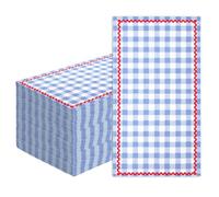 JarThenaAMCS 100 Pcs Gingham Paper Napkins Blue Checkered Plaid Guest Napkins with Red Wave Disposable Hand Towels for BBQ Picnic Baby Shower Birthday Wedding Party Supplies