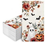 JarThenaAMCS 100 Pcs Halloween Guest Napkin, Ghost Pumpkin Wildflower | Spooky Horror Paper Napkins, Disposable, Bathroom Hand Towels, for Trick or Treat Farmhouse Party Supplies