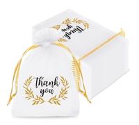 JarThenaAMCS 100 Pcs Thank You Organza Bags Drawstring Golden Leaves Jewelry Gift Bags White Candy Goodies Treat Bags Mesh Bags for Wedding Baby Shower Birthday Party Favor,4 x 6 Inch