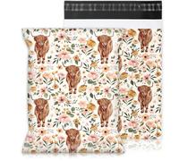JarThenaAMCS 100Pcs Boho Floral Highland Cow Poly Mailers 10 x 13 Inch Watercolor Cow Flower Packaging Bags Rustic Self Seal Mailing Envelope Bags for Small Business Clothing Document Gifts