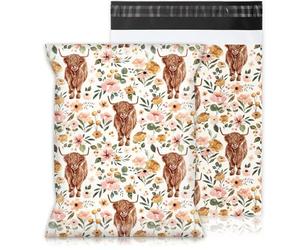 JarThenaAMCS 100Pcs Boho Floral Highland Cow Poly Mailers 10 x 13 Inch Watercolor Cow Flower Packaging Bags Rustic Self Seal Mailing Envelope Bags for Small Business Clothing Document Gifts