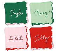 JarThenaAMCS 100Pcs Christmas Cocktail Napkins Red Pink Green Xmas Disposable Paper Napkin Scalloped Festive Beverage Napkin for Xmas Winter Party Supplies Tableware Decor