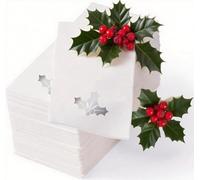 JarThenaAMCS 100Pcs Christmas Guest Napkins White Silver Foil Holly Berry Disposable Paper Napkin Holiday Dinner Hand Napkin Towel for Xmas Winter Tableware Supplies