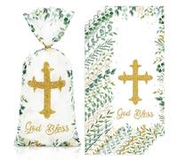JarThenaAMCS 100Pcs First Holy Communion Cellophane Treat Bags with Twist Ties Baptism Cross Party Gift Bags God Bless Plastic Candy Goodie Bags for Snack Cookie Packing