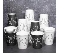 JarThenaAMCS 100Pcs Halloween Disposable Cups 9 oz Skeleton Paper Cups Black White Party Cups for Hot Cold Drinks Party Supplies