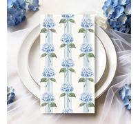 JarThenaAMCS 100Pcs Hydrangea Guest Napkin Disposable Paper Napkins Blue Stripe Flower Dinner Hand Napkins for Summer Birthday Baby Shower Party Supplies Table Decor