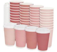 JarThenaAMCS 100Pcs Pink Disposable Coffee Cups with Lids 4 Gradient Pink Colors Paper Cups Corrugated Ripple Wall Insulated Hot Cups 16 oz To Go Hot Cold Cup for Drinks for Home Office Party Supplies