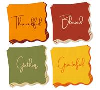 JarThenaAMCS 100Pcs Thanksgiving Scalloped Cocktail Napkins Thankful Grateful Blessed Gather Paper Napkins 4 Colors Beverage Napkin for Fall Autumn Harvest Party Supplies