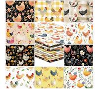 JarThenaAMCS 10Pcs Chicken Cotton Fabric Bundles Hen Rooster Flower Fat Quarters Farm Quilting Patchwork for DIY Sewing Craft Decor, 18 x 22 Inch