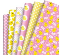 JarThenaAMCS 12 Sheet Summer Rubber Duck Wrapping Paper -Not Roll- Pink Yellow Bubble Duck Gift Wrap Paper Folded Flat Craft Paper for Birthday Party DIY Packaging Supplies, 19.7 x 27.6 Inch