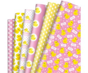 JarThenaAMCS 12 Sheet Summer Rubber Duck Wrapping Paper -Not Roll- Pink Yellow Bubble Duck Gift Wrap Paper Folded Flat Craft Paper for Girl Birthday Party DIY Packaging Supplies, 19.7 x 27.6 Inch