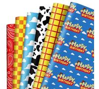 JarThenaAMCS 12 Sheets Cartoon Story Wrapping Paper -Not Roll- Happy Birthday Cow Print Plaid Sky Gift Wrap Paper Folded Flat for Birthday Party Baby Shower DIY Crafts, 19.7 x 27.6 Inch