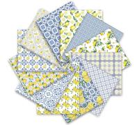 JarThenaAMCS 12Pcs Blue Chinoiserie Cotton Fabric Bundles Watercolor Lemon Fat Quarter Yellow Blue Lemon Quilting Patchwork for Summer Wedding DIY Sewing Crafting, 18 x 22 Inch