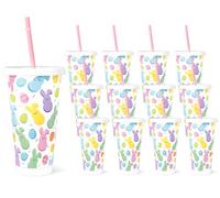 JarThenaAMCS 12Pcs Easter Plastic Cups with Straw and Lid Pastel Easter Egg Bunny Tumbler Colorful Holiday Plastic Cups for Cold Drinks Easter Home Office Party Decoration