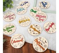 JarThenaAMCS 12Pcs First Holiday Baby Milestone Cards Double-deck Wooden Discs Announcement Sign Newborn Photography Prop for Pregnancy Baby Shower Party Gift Supplies