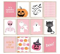 JarThenaAMCS 12Pcs Pink Halloween Wall Art Prints Cute Boho Boo Ghost Pumpkin Bat Black Cat Art Poster Spooky Wall Decor for Autumn Gallery Living Room Bedroom Decor (UNFRAMED)