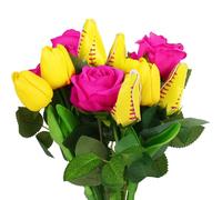 JarThenaAMCS 12Pcs Softball Rose Faux Pink Floyd Rose Yellow Tulip Artificial Flowers Fake Floral Bouquets for Sport Events Home Party Table Centerpiece Decoration